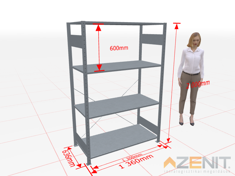 Kapcsolható polcos állvány alapmező MULTIplus típus, 1300×600 mm polcokkal, 2000 mm magas 4 polcos horganyzott 